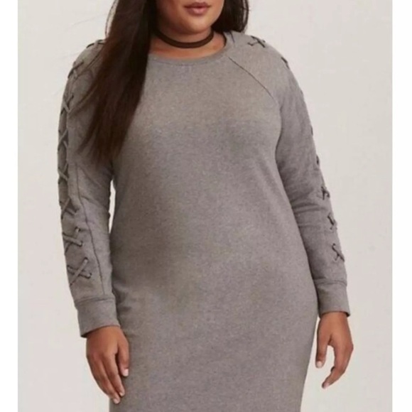 Torrid Gray French Terry Knit Lace-Up Sleeve Sweatshirt Dress 2X - Picture 3 of 13